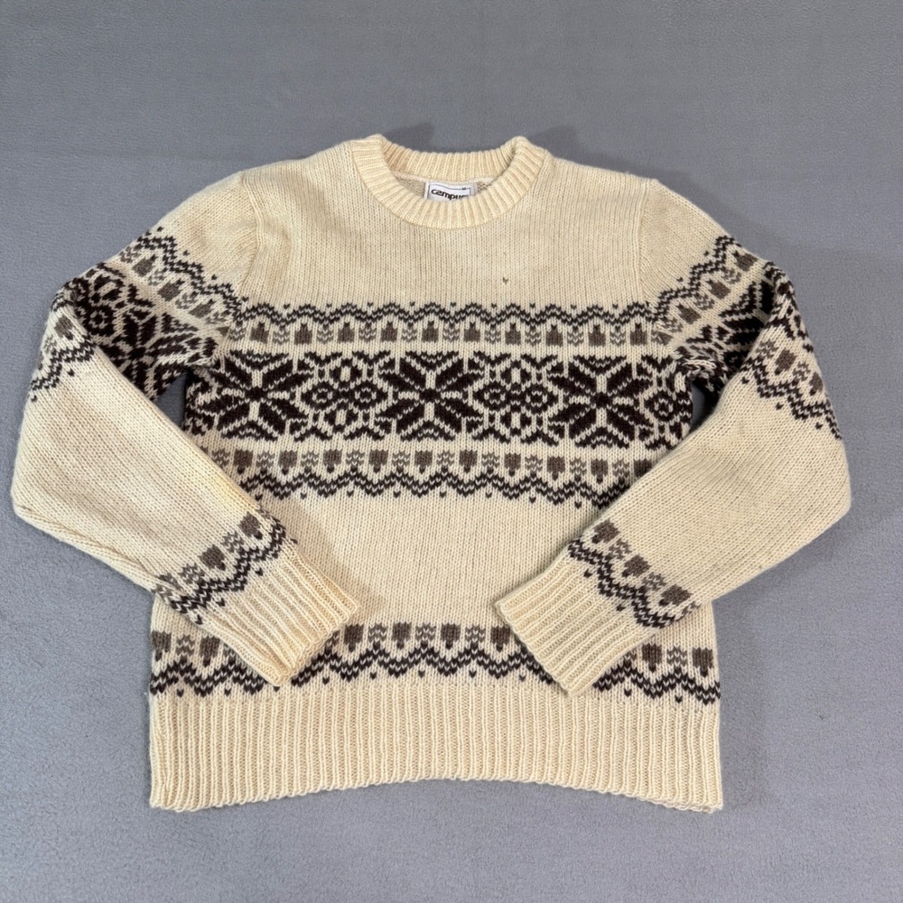 Campus Sweater Mens M Cream Ragg Wool Fair Isle Snowflake Vintage Made in USA